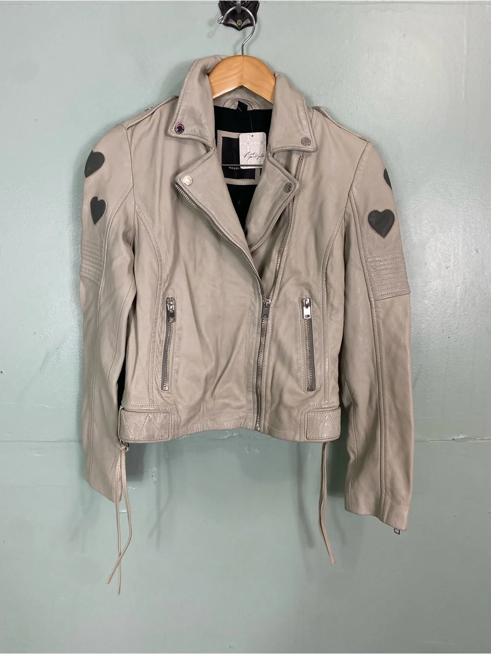 Free People‎ Mauritius Leather Reo Heart Moto Jacket Ivory Size 4